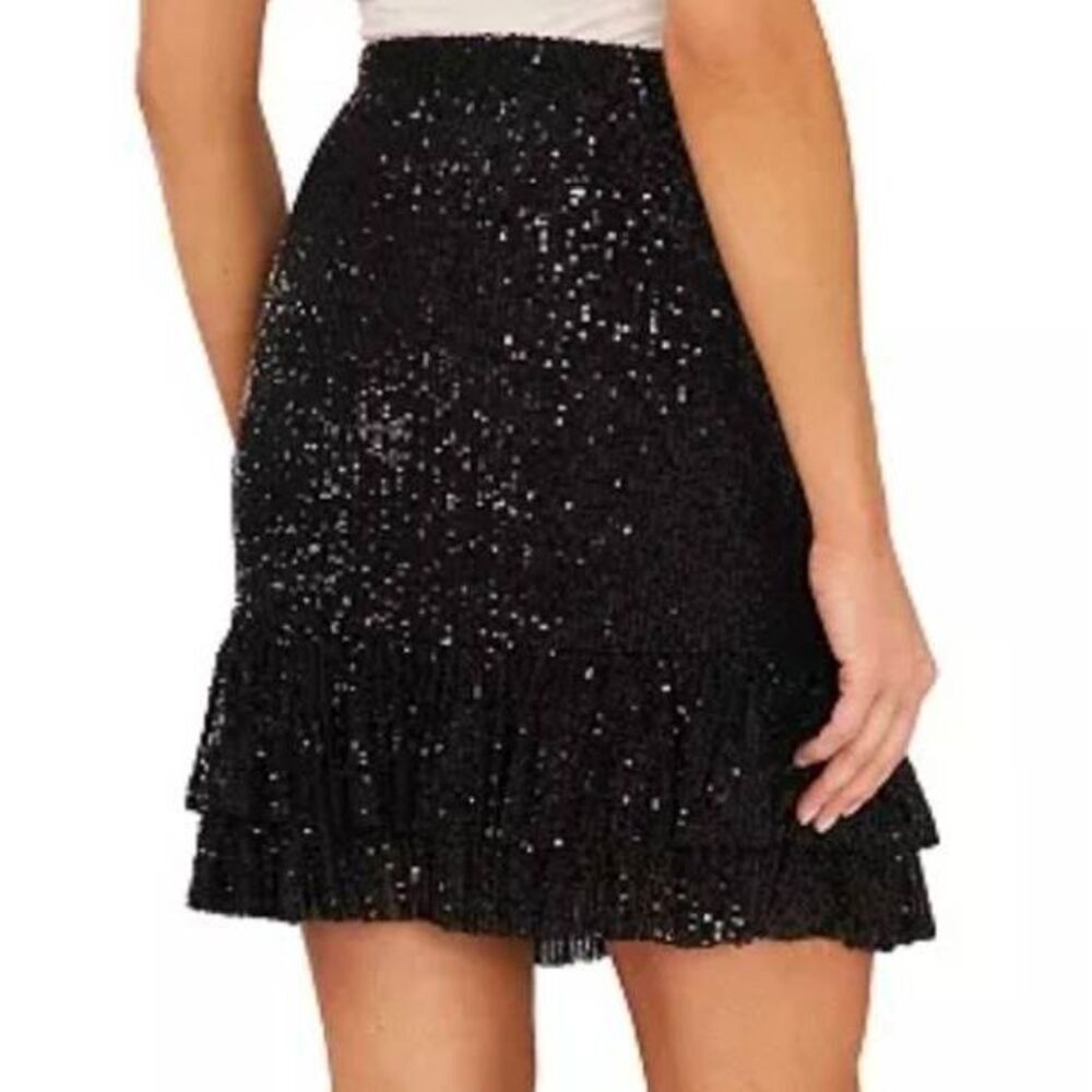 CeCe Women's Black Poly/Spandex Sequined Stretchy Lined Mini Skirt w Ruffle NEW